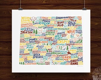 Hand-Lettered Wyoming State Print, Wyoming Map Art, Wyoming Shape, Wyoming Gift, Wyoming Illustration, Wyoming Design, Wyoming Map