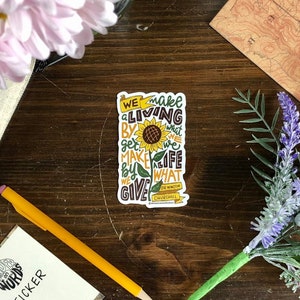 Sticker handgeschreven leven versus leven, inspirerende natuursticker, sticker zonnebloem, Winston Churchill quote Art, aanmoedigingssticker