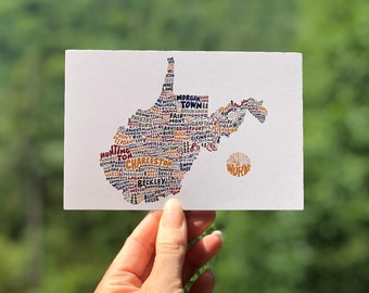 Hand-Lettered Towns of West Virginia Postcard, West Virginia Map Postcard, West Virginia Illustration, West Virginia Art Postcard