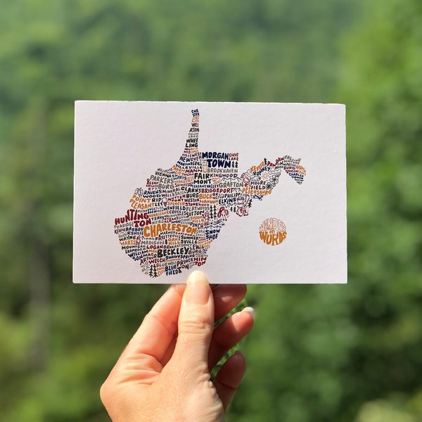 Hand-Lettered Towns of West Virginia Postcard, West Virginia Map Postcard, West Virginia Illustration, West Virginia Art Postcard