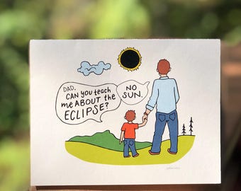 Tarjeta de felicitación con ilustración de eclipse y juego de palabras "No Sun"