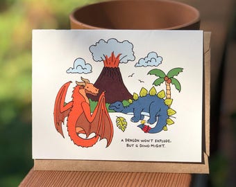 Tarjeta de felicitación con juego de palabras de dinosaurios ilustrado de Dino Mite