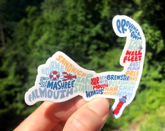 Pegatina de Cape Cod escrita a mano, pegatina del mapa de Cape Cod, arte de Massachusetts, arte escrito a mano, ilustración del mapa de Cape Cod, arte con formas de Cape Cod