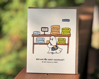 Tarjeta de felicitación con ilustración de fantasmas "Tomando una sábana"