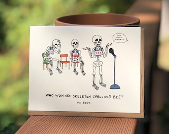 Tarjeta de felicitación ilustrada de Halloween con un juego de palabras de esqueleto para concurso de ortografía