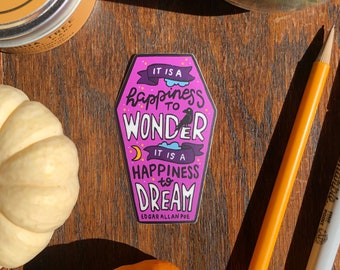 Pegatina de felicidad a maravilla con letras a mano, pegatina de Edgar Allan Poe, pegatina de arte de otoño, arte de Edgar Allan Poe, pegatina de arte púrpura, arte de Halloween