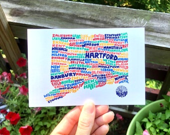 Hand-Lettered Towns of Connecticut Postcard, Connecticut Towns Postcard, Connecticut Postcard, Connecticut Lover Postcard
