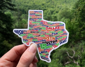 Hand-Lettered Texas Sticker, Texas Map Sticker, Texas Art Sticker, Texas Towns Sticker, Hand-Lettered Texas Sticker, Texas Illustration