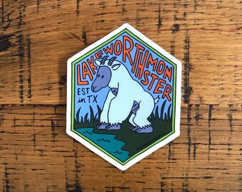 Hand-Lettered Lake Worth Monster Sticker, Texas Sticker, Mythological Critter Sticker, Hand-Drawn Sticker, Texas Cryptid Art, Spooky Art