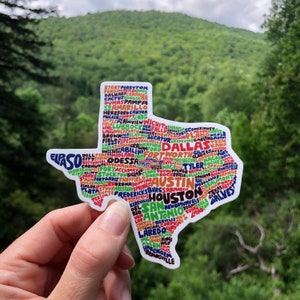 Adesivo Texas com letras à mão, adesivo de mapa do Texas, adesivo de arte do Texas, adesivo de cidades do Texas, adesivo Texas com letras à mão, ilustração do Texas