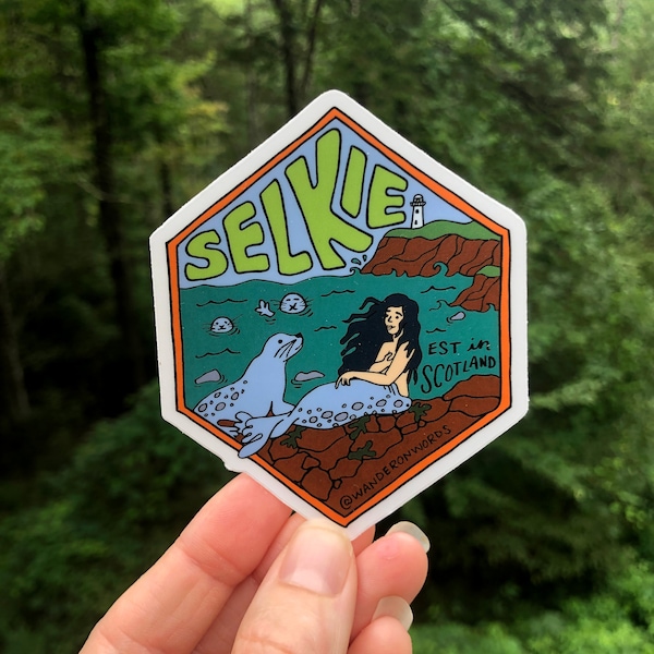Pegatina de selkie escrita a mano, pegatina de arte de selkie, pegatina de criatura mitológica, pegatina dibujada a mano, arte críptico, ilustración de selkie