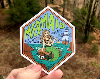 Hand-Lettered Mermaid Sticker, Mermaid Art Sticker, Mythological Critter Sticker, Hand-Drawn Sticker, Cryptid Art, Mermaid Illustration