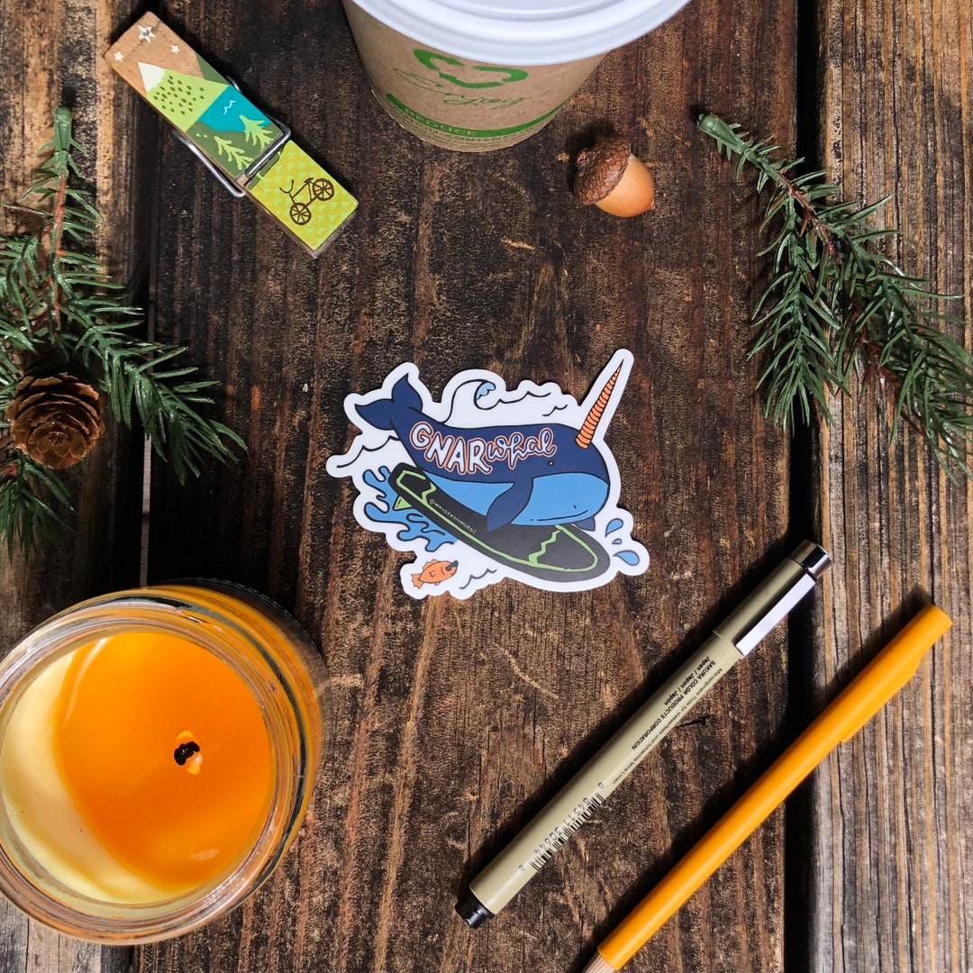 Hand-lettered Gnarwhal Sticker, Surfing Sticker, Surfer Sticker ...