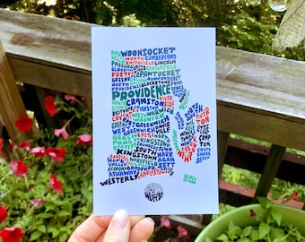 Hand-Lettered Towns of Rhode Island Postcard, Rhode Island Towns Postcard, Rhode Island Postcard, Rhode Island Art, Rhode Island Gift