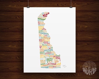 Hand-Lettered Delaware Print, Delaware Map Art, Delaware Gift, Delaware Illustration, Delaware Shape, Delaware Print, Delaware Art