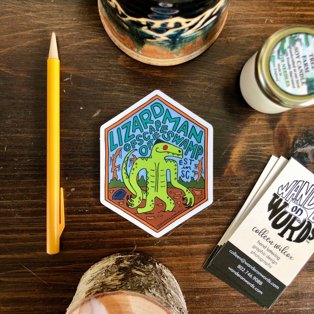 Hand-lettered Lizard Man of Scape Ore Swamp Sticker, South Carolina ...