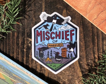 Pegatina de Travesuras de Urracas, Pegatina de Animal Collective, Pegatina de Urraca, Pegatina Dibujada a Mano, Pegatina de Arte de Urraca, Arte de Córvidos