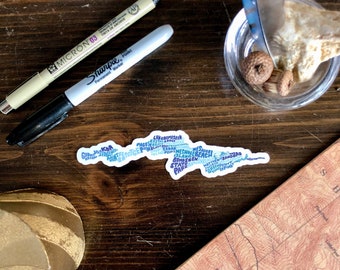 Pegatina de Lake Bomoseen escrita a mano, pegatina de lago de Vermont, pegatina de Vermont, pegatina de Lakehouse, arte de Vermont, pegatina escrita a mano