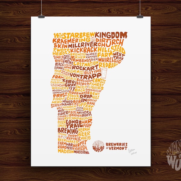 Hand-Lettered Breweries of Vermont Print, Brewery Print, Vermont Print, Vermont Gift, Vermont Shape, Beer Print, Vermont Beer