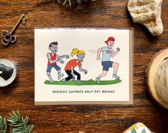 Tarjeta de felicitación ilustrada de Brian con un juego de palabras de zombis
