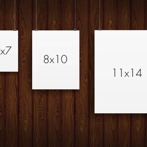 May include: Three white posters of varying sizes, 5x7 inches, 8x10 inches, and 11x14 inches, hang against a dark wood-grain background. Each poster is suspended by a thin wire. The text on the posters indicates their dimensions.