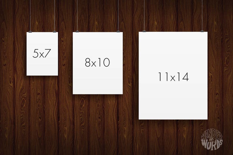 May include: Three white posters of varying sizes, 5x7 inches, 8x10 inches, and 11x14 inches, hang against a dark wood-grain background. Each poster is suspended by a thin wire. The text on the posters indicates their dimensions.