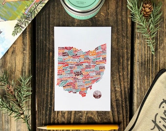 Hand-Lettered Towns of Ohio Postcard, Ohio Map Postcard, Ohio Illustration, Ohio Towns Postcard, Ohio Postcard, Ohio Art, Ohio Gift