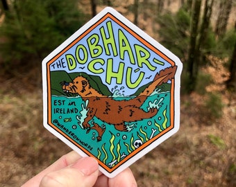 Hand-Lettered Dobhar-Chu Sticker, Dobhar-Chu Art, Mythological Critter Sticker, Hand-Drawn Sticker, Cryptid Art, Irish Cryptid, Ireland Art