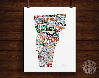 Hand-Lettered Towns of Vermont Print, Green Mountain State Map Art, Vermont Gift