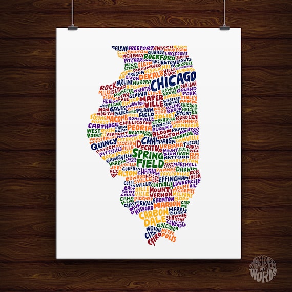 Hand-Lettered Illinois Cities Print, State Map Artwork, Prairie State Gift