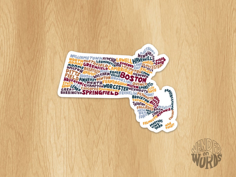 May include: A word cloud map of Massachusetts with the names of cities and towns in the state. The map is in the shape of the state and the words are arranged in a way that reflects the geography of the state. The words are in different colors and sizes, and the overall effect is a colorful and eye-catching design.