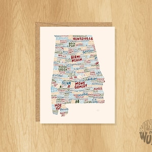 Carte Alabama avec inscriptions, cadeau Alabama, forme Alabama, carte villes Alabama, carte pour notes Alabama, carte vierge Alabama, art Alabama