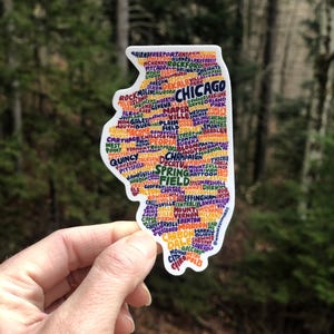 Adesivo de Illinois com letras feitas à mão, adesivo de mapa de Illinois, adesivo de formato de Illinois, arte de Illinois, mapa de Illinois, ilustração de Illinois
