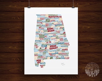 Hand-Lettered Alabama Print, Alabama Map Art, Alabama Gift, Alabama Design, Alabama Illustration, Alabama State Shape, Alabama Map Print