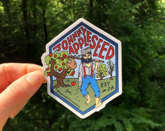 Pegatina de Johnny Appleseed con letras a mano, pegatina de Pensilvania, pegatina de cuento popular, pegatina de folclore, pegatina dibujada a mano, pegatina de figura popular