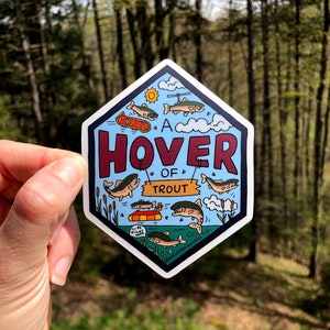 Adesivo Hover of Trout, Adesivo nome collettivo animale, Adesivo trota, Adesivo pesce disegnato a mano, Illustrazione trota, Adesivo pescatore