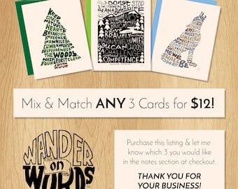 Mix and Match Any 3 Hand-Lettered Wander On Words Cards, Card Assortment, Hand-Lettered Cards, 3 Cards, Choose Your Own Hand-Lettered Cards