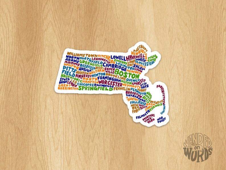May include: A colorful word cloud map of Massachusetts, with the names of cities and towns in the state. The map is shaped like the state of Massachusetts. The word cloud is in a variety of colors, including red, orange, yellow, green, blue, and purple.