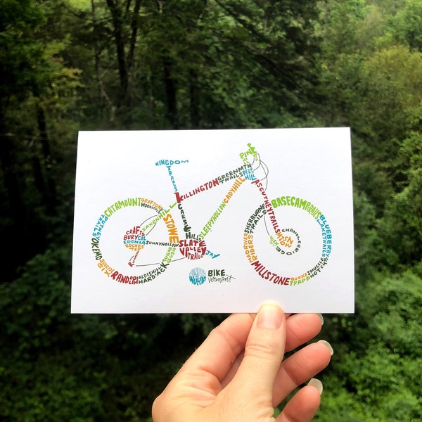 Hand-Lettered Bike Vermont Postcard, Vermont Biking Postcard, Vermont Bike Trails Postcard, Vermont Postcard, Vermont Lover Postcard