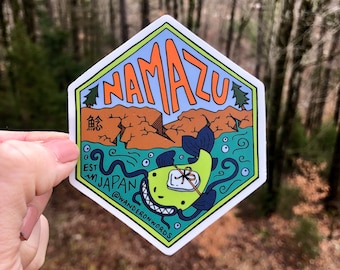 Hand-Lettered Namazu Sticker, Namazu Art Sticker, Mythological Critter Sticker, Hand-Drawn Sticker, Cryptid Art, Japanese Cryptid