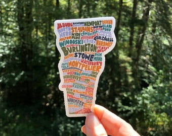 Hand-Lettered Towns of Vermont Sticker, Vermont Shape Sticker, Vermont Sticker, Vermont Lover Sticker, Vermont Art, Hand-Lettered Sticker