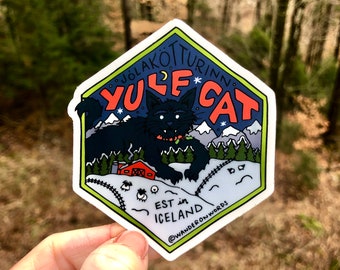 Hand-Lettered Yule Cat Sticker, Jolakotturinn Art, Mythological Critter Sticker, Hand-Drawn Sticker, Cryptid Art, Icelandic Cryptid