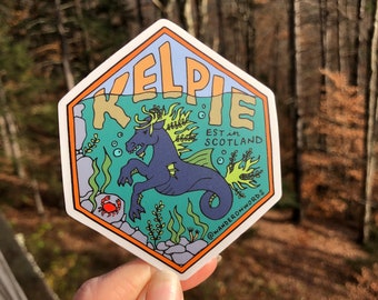 Hand-Lettered Kelpie Sticker, Kelpie Art Sticker, Mythological Critter Sticker, Hand-Drawn Sticker, Cryptid Art, Scottish Cryptid