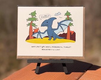 Silent P Pterodactyl Illustrated Pun Greeting Card, Funny Dinosaur Illustration
