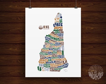 Hand-Lettered Hike New Hampshire Print, New Hampshire Artwork, New Hampshire Design, Hike New Hampshire Illustration, New Hampshire Art