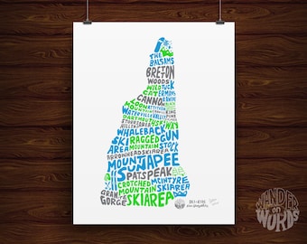 Hand-Lettered Ski and Ride New Hampshire Print, New Hampshire Ski Resorts Print, New Hampshire Shape, New Hampshire Gift, New Hampshire Art