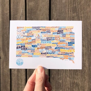 Hand-Lettered Towns of South Dakota Postcard, South Dakota Map Postcard, South Dakota Illustration Postcard, South Dakota Art Postcard