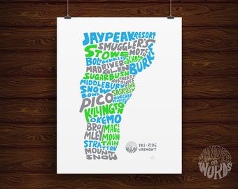 Hand-Lettered Ski Vermont Ski Resort Print, Skiing Gift, Snowboarding Gift, Ski Vermont Gift, Vermont Print, Winter Print