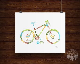 Hand-Lettered Bike Vermont Print, Mountain Bike Print, Mountain Bike Areas of Vermont Print, Guy Gift, Bike Art, Hand-Lettered Print