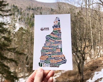 Hand-Lettered Hike New Hampshire Postcard, New Hampshire Mountains Postcard, New Hampshire Map Postcard, New Hampshire Art Postcard
